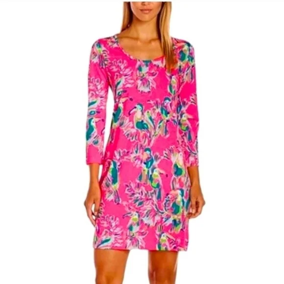 lilly pulitzer pink flamingo dress Lilly Pulitzer Dress Womens 2 Pink Orange Silk Chauncey Flamingo Fan Dance